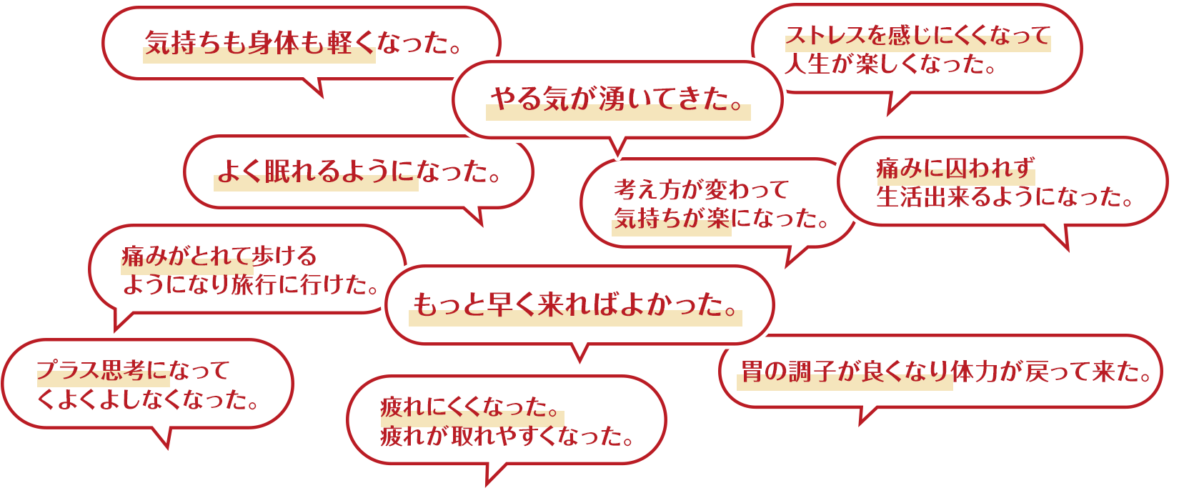 「やる気が湧いてきた」「もっと早く来ればよかった」など、たくさんのお声を頂いています。